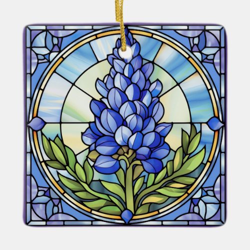 Texas Bluebonnet Stained Glass Design Ceramic Ornament