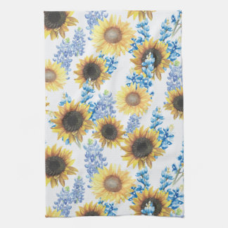 Texas Bluebonnet & Sunflower Watercolor Kitchen Towel