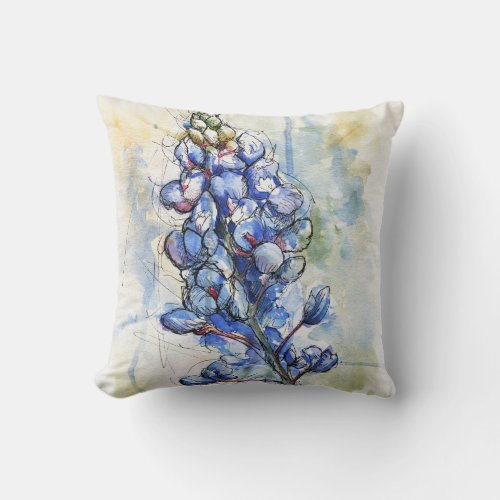 Texas Bluebonnet Watercolor Flower Design Throw Pillow
