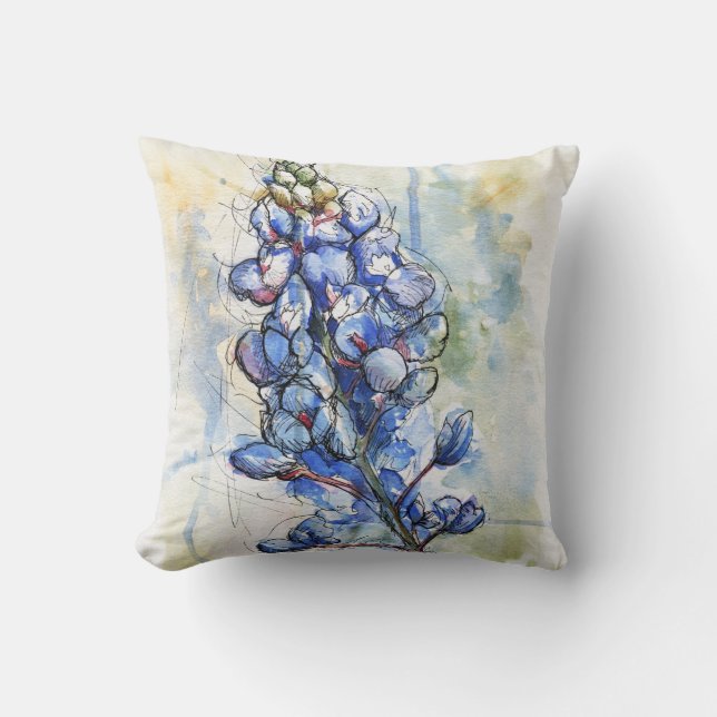Texas Bluebonnet Watercolor Flower Design Throw Pillow (Front)