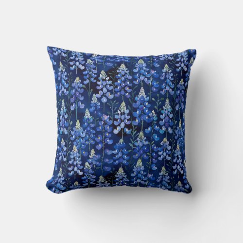 Texas Bluebonnet Wildflower, Dark Blue Floral Throw Pillow