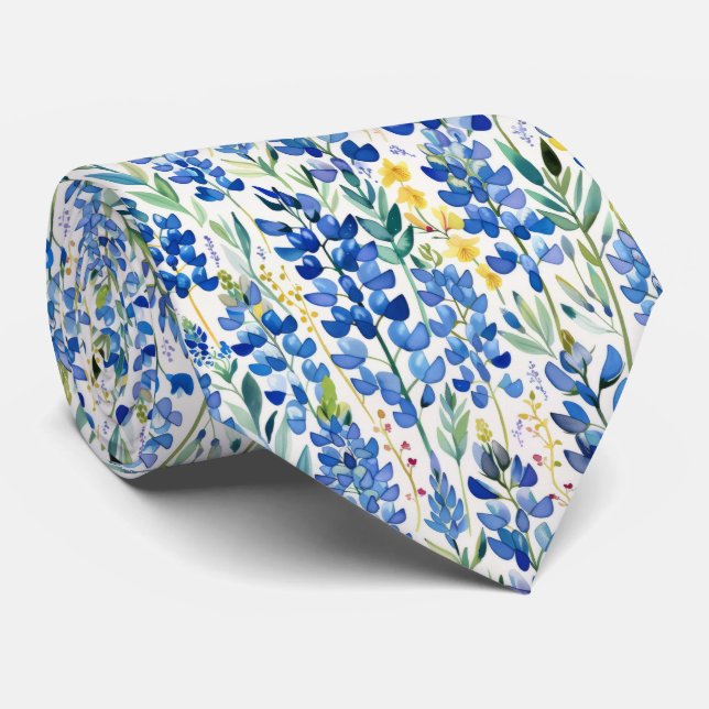 Texas Bluebonnet Wildflower Pattern Neck Tie (Rolled)