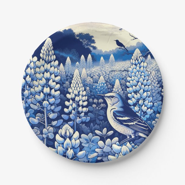 Texas Bluebonnets and Northern Mockingbird Texan   Paper Plates (Front)