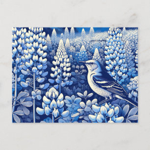 Texas Bluebonnets and Northern Mockingbird Texan   Postcard