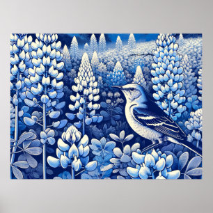 Texas Bluebonnets and Northern Mockingbird Texan Poster
