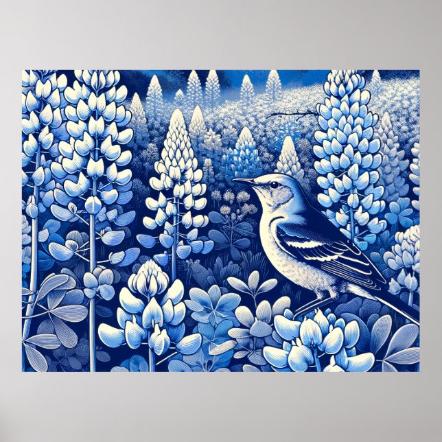 Texas Bluebonnets and Northern Mockingbird Texan   Poster (Front)