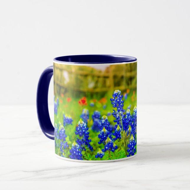 Texas Bluebonnets Country Fence Modern Landscape Mug (Front Left)