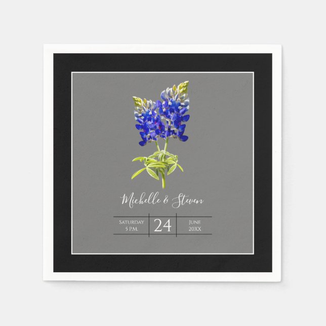 Texas Bluebonnets on Dark Gray, Spring Wedding Napkins (Front)