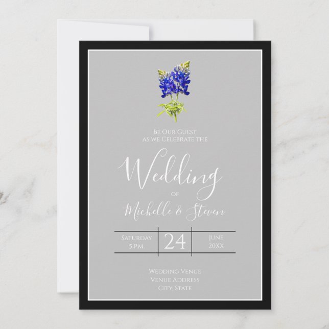 Texas Bluebonnets on Light Gray, Spring Wedding Invitation (Front)
