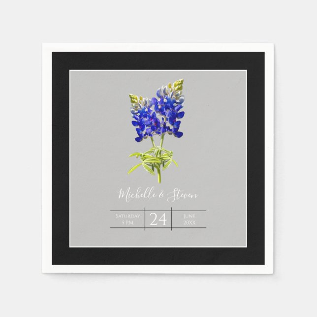 Texas Bluebonnets on Light Gray, Spring Wedding Napkins (Front)