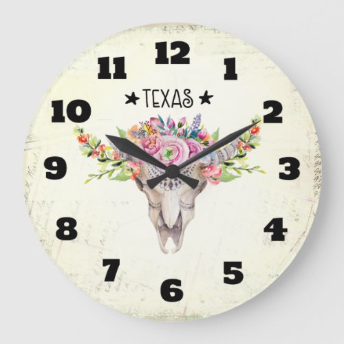 Texas Boho Cow Skull With Flowers Chic Trendy Large Clock