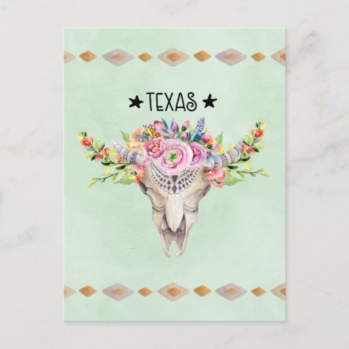 Texas Boho Cow Skull With Flowers Chic Trendy Postcard