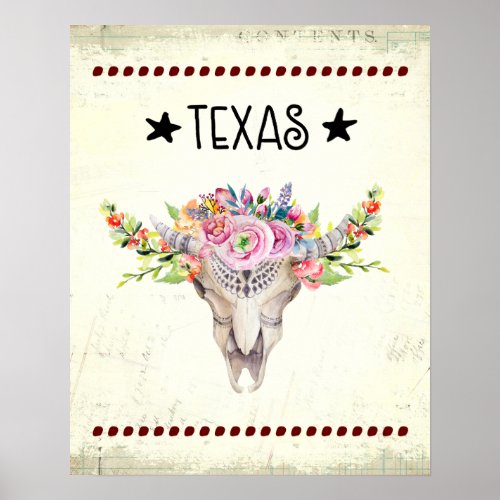 Texas Boho Cow Skull With Flowers Chic Trendy Poster