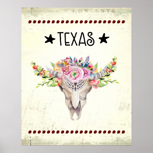 Texas Boho Cow Skull With Flowers Chic Trendy Poster (Front)