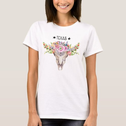 Texas Boho Cow Skull With Flowers Chic Trendy T_Shirt