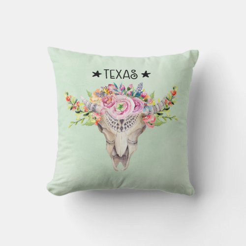 Texas Boho Cow Skull With Flowers Chic Trendy Throw Pillow