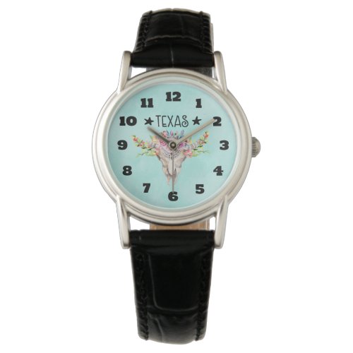 Texas Boho Cow Skull With Flowers Chic Trendy Watch