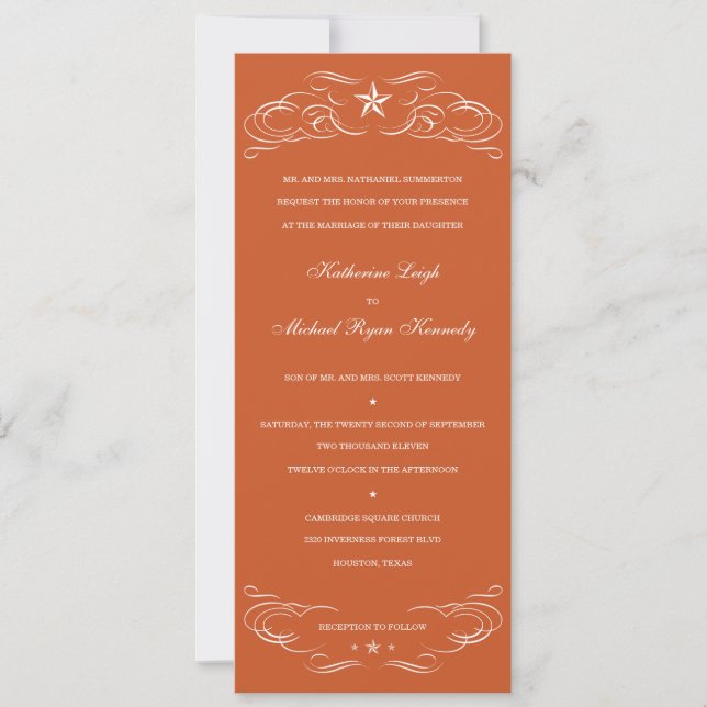 Texas Burnt Orange Lone Star Wedding Invitations (Front)