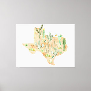 Texas Cactus Watercolor Illustration Map Canvas Print