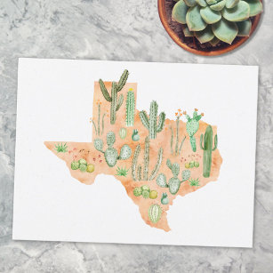 Texas Cactus Watercolor Illustration Map Postcard