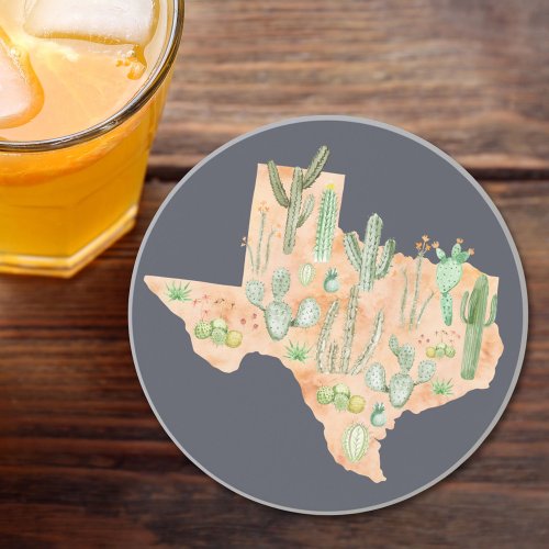 Texas Cactus Watercolor Illustration Map Travel Coaster