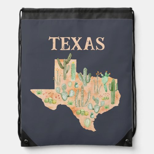 Texas Cactus Watercolor Illustration Map Travel Drawstring Bag