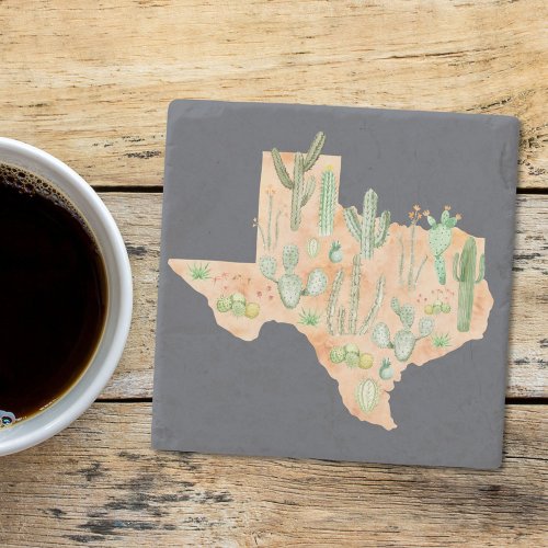 Texas Cactus Watercolor Illustration Map Travel Stone Coaster