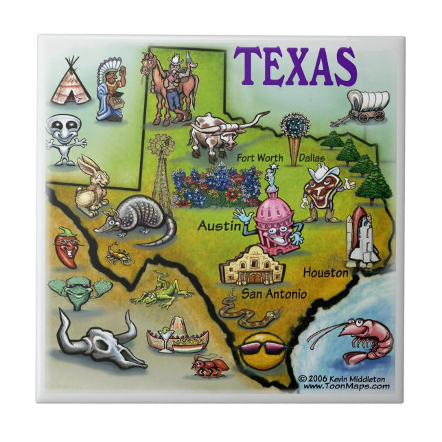 Texas Cartoon Map Ceramic Tile (Front)