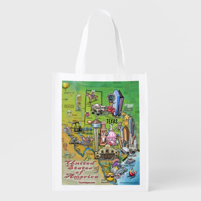 Texas Cartoon Map Grocery Bag (Front)