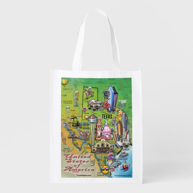 Texas Cartoon Map Grocery Bag (Front)