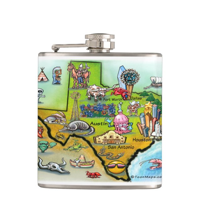 Texas Cartoon Map Hip Flask (Front)