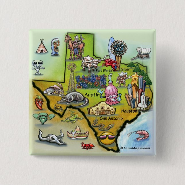 Texas Cartoon Map Pinback Button (Front)