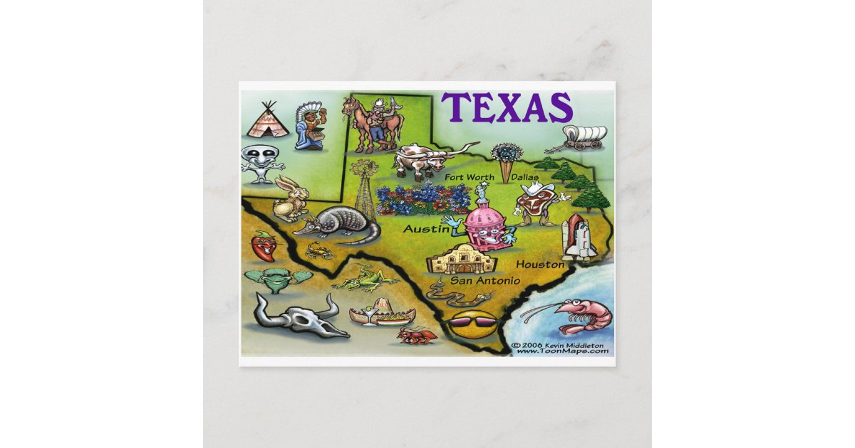 TEXAS Cartoon Map Postcard | Zazzle