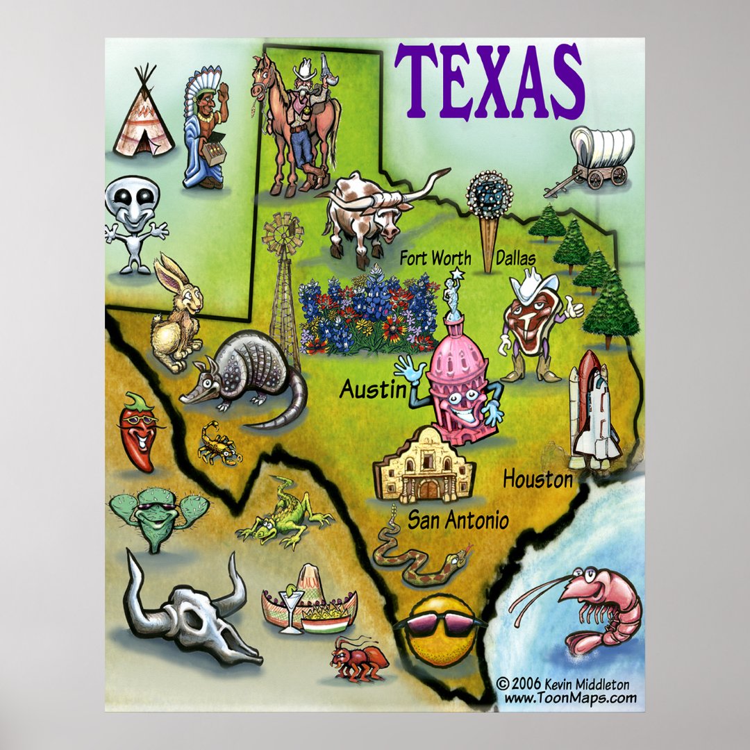 Texas Cartoon Map Poster | Zazzle