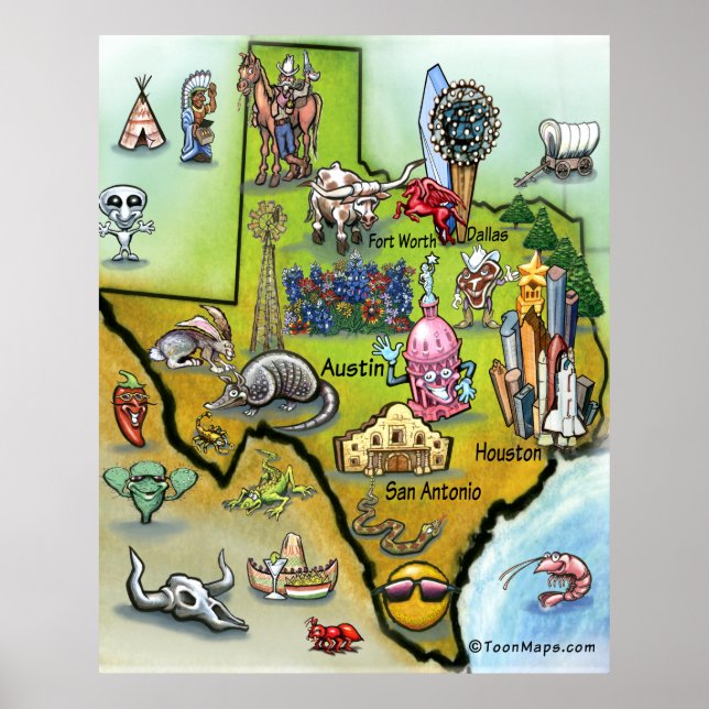 Texas Cartoon Map Poster (Front)