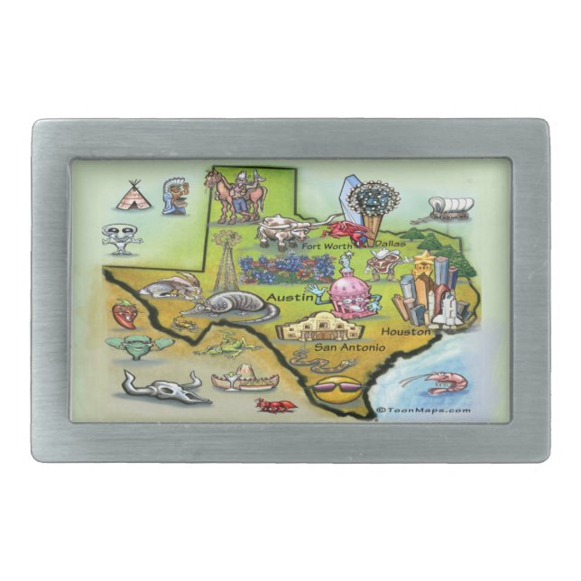 Texas Cartoon Map Rectangular Belt Buckle (Front)