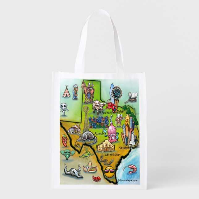 Texas Cartoon Map Reusable Grocery Bag (Front)