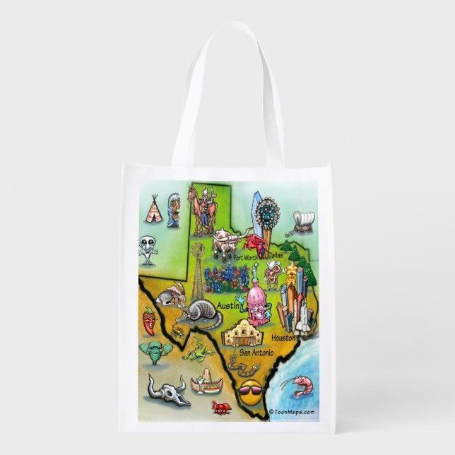 Texas Cartoon Map Reusable Grocery Bag (Back)