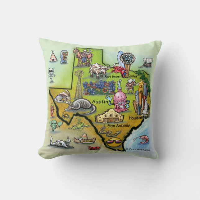 Texas Cartoon Map Throw Pillow (Front)
