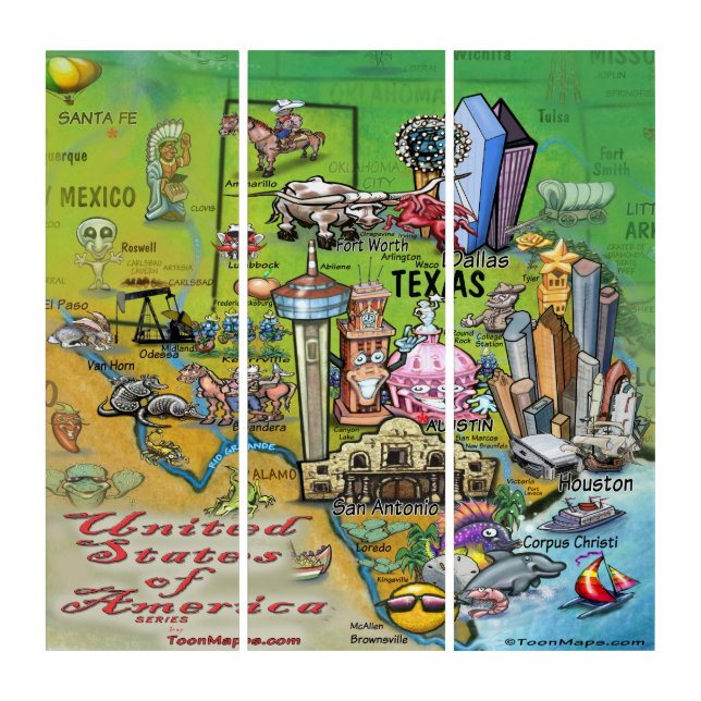 Texas Cartoon Map Triptych (Front)