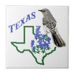 Texas Ceramic Tile<br><div class="desc">Texas map outline with Bluebonnets and Mockingbird</div>