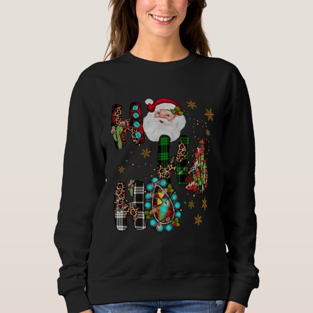 Texas Christmas Leopard Cowhide Turquoise Santa Ho Sweatshirt (Front)