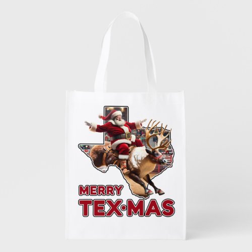Texas Christmas Merry Texmas Santa Reindeer Rodeo Grocery Bag