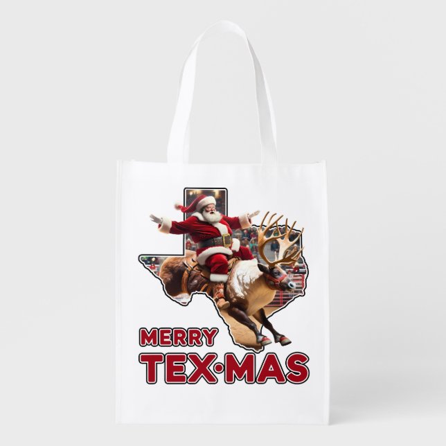 Texas Christmas Merry Texmas Santa Reindeer Rodeo Grocery Bag (Front)