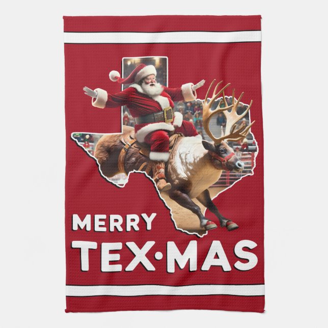 Texas Christmas Merry Texmas Santa Reindeer Rodeo Kitchen Towel (Vertical)