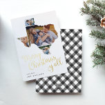 Texas Christmas | Photo Collage Foil Holiday Card<br><div class="desc">Merry Christmas, y'all! This cute Texas holiday card features the saying in whimsical gold foil script lettering beneath a silhouette of the state of Texas, holding four of your favorite photos. Personalize with your custom greeting and names along the bottom. Cards reverse to a handpainted black and white buffalo plaid...</div>