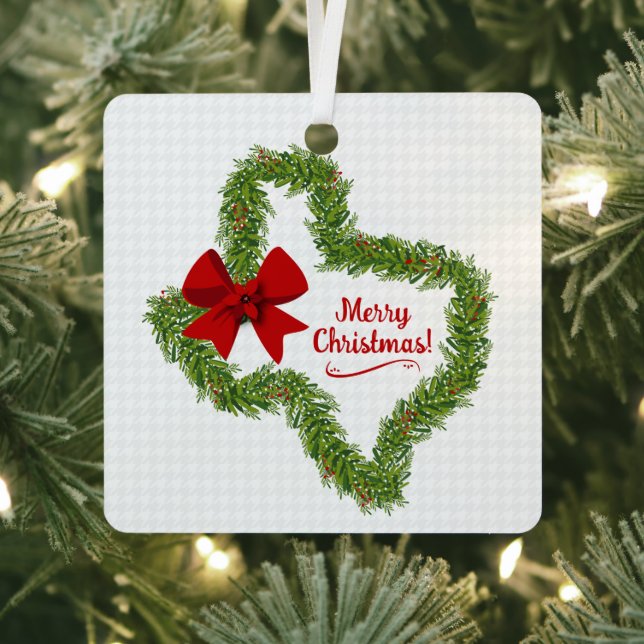 Texas Christmas Wreath with Red Bow Photo Metal Ornament (Insitu)