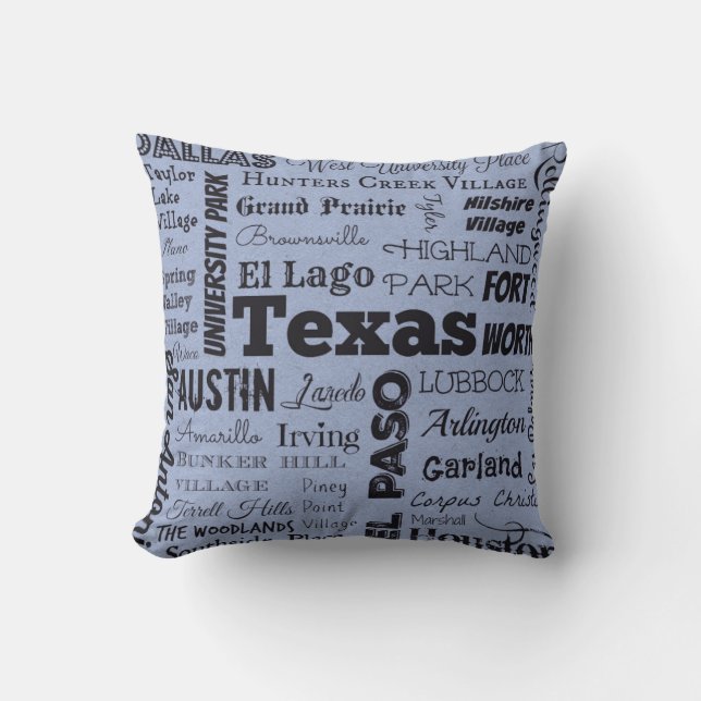 Texas Cities Typography throw pillow, blue Pillow (Front)