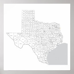 Texas Counties Map with county names Poster
