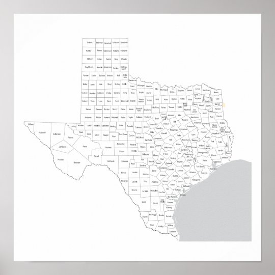 Texas Counties Map with county names Poster | Zazzle.com